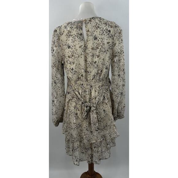 Japna Beige Floral Metallic Ruffle Tiered Long Sleeve V-Neck Mini Dress Size M - Picture 4 of 6